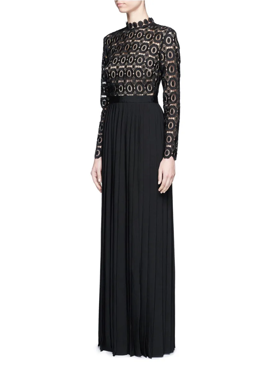 Black Pleated Crochet Floral Maxi Dress