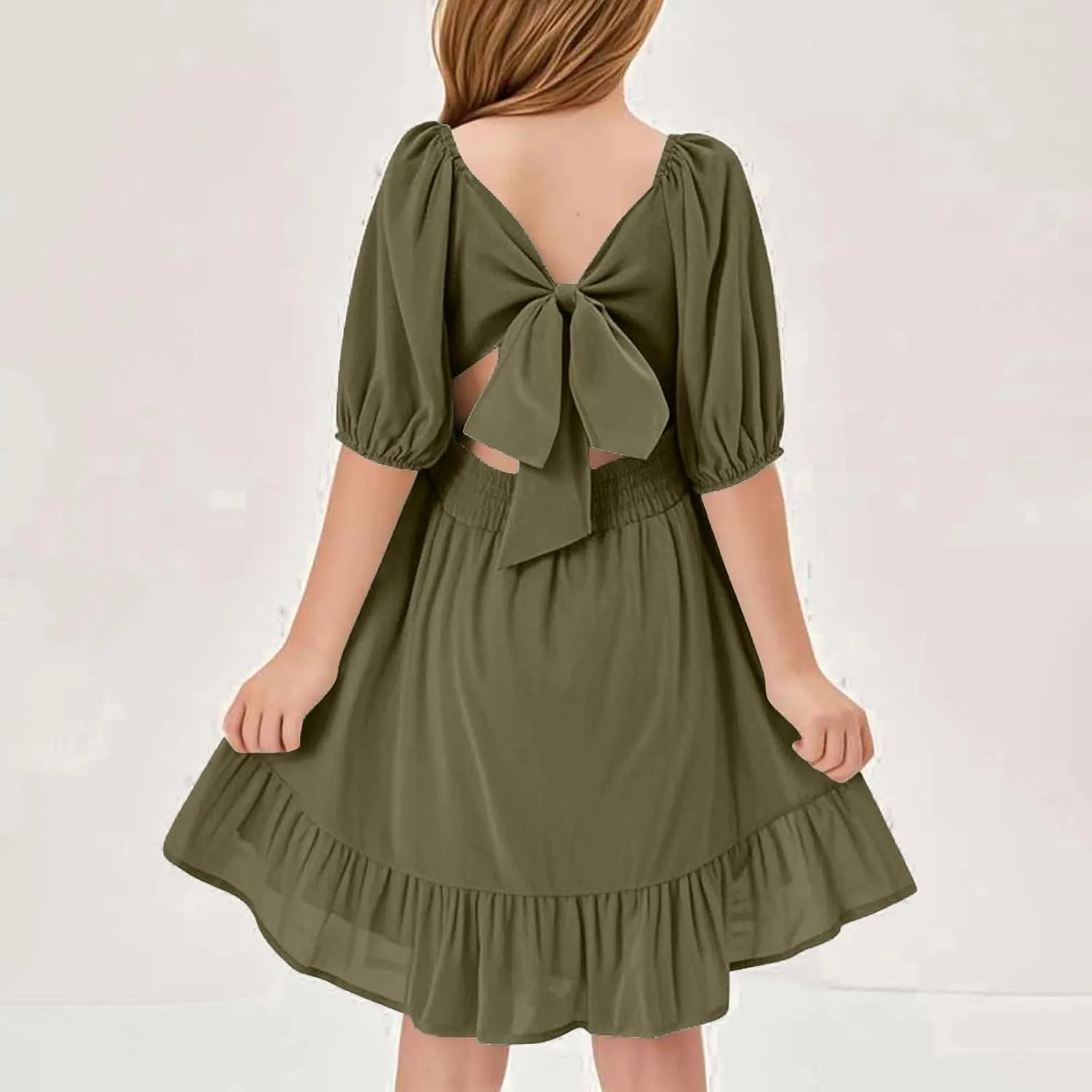 Girls Summer Square Neck Lantern Sleeve Lace-Up Backless Ruffle Children's Party Dresses