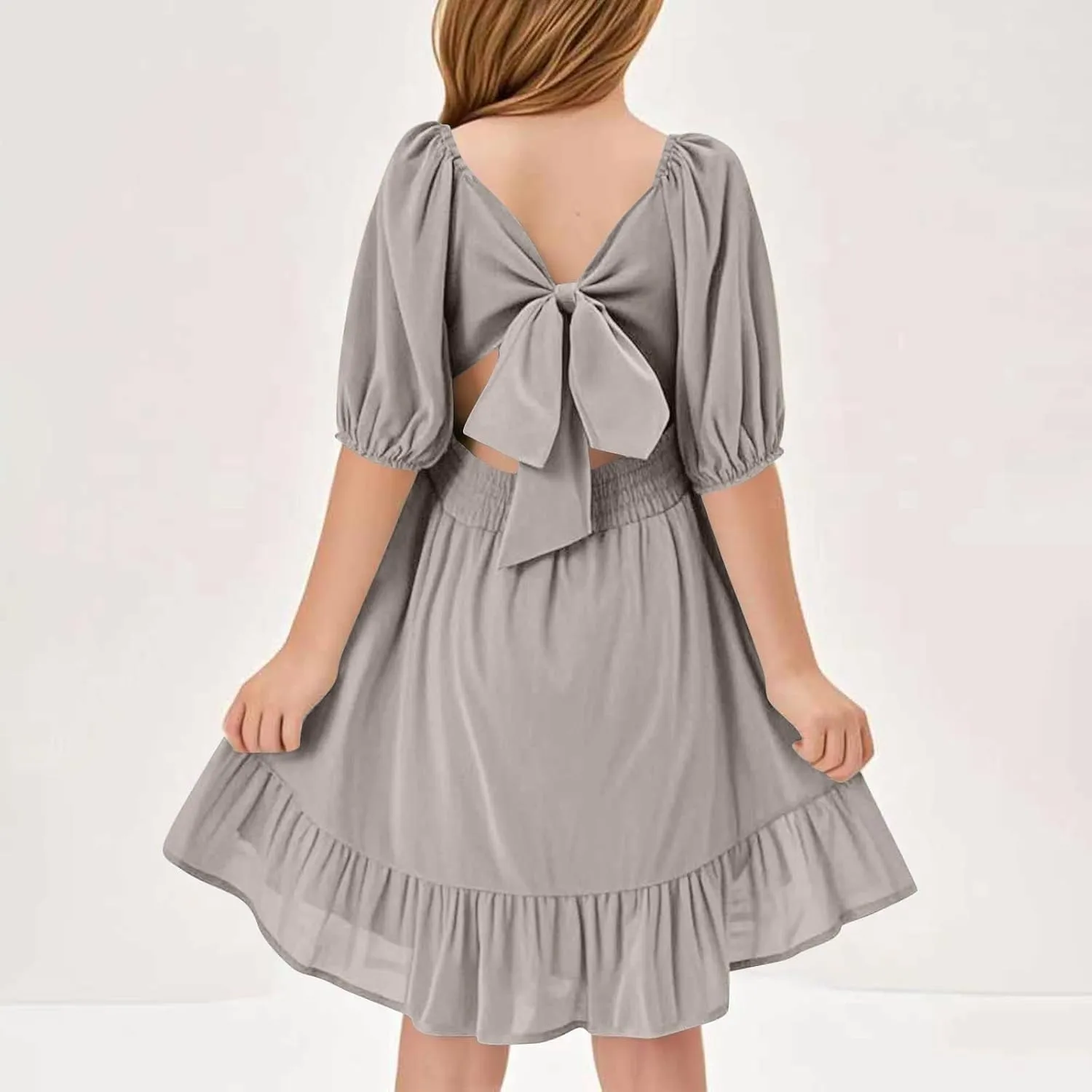 Girls Summer Square Neck Lantern Sleeve Lace-Up Backless Ruffle Children's Party Dresses