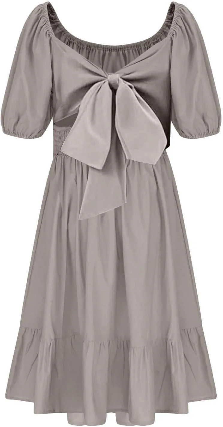 Girls Summer Square Neck Lantern Sleeve Lace-Up Backless Ruffle Children's Party Dresses