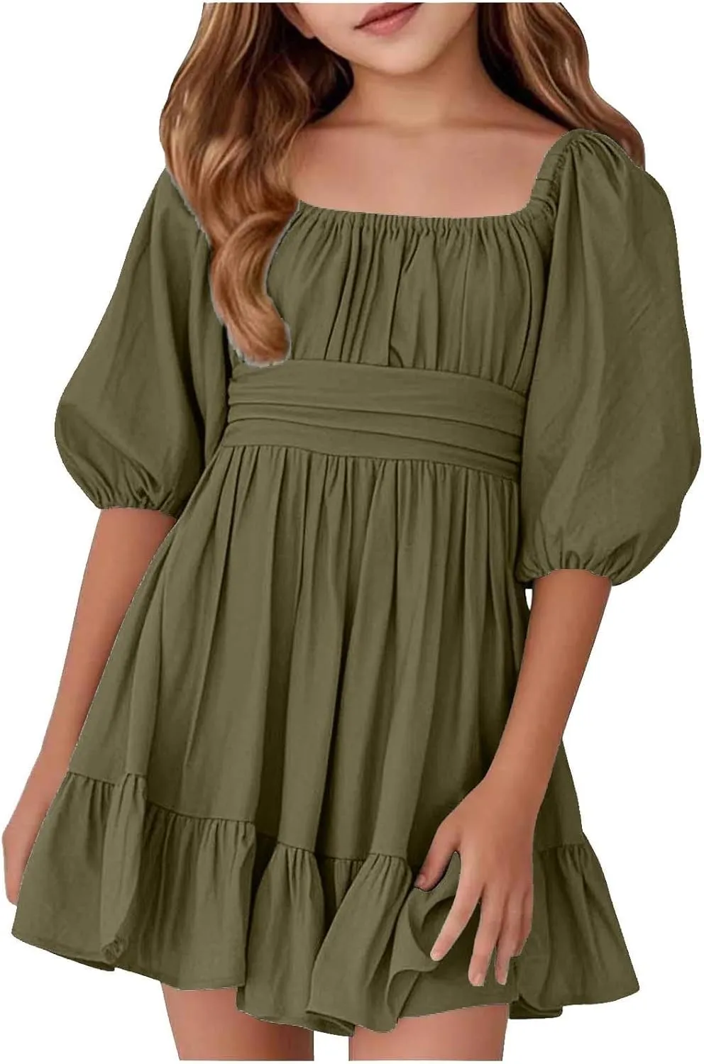Girls Summer Square Neck Lantern Sleeve Lace-Up Backless Ruffle Children's Party Dresses