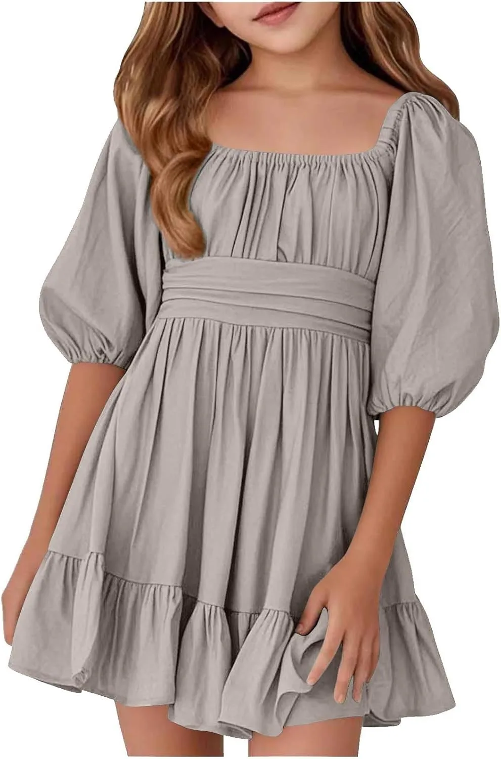 Girls Summer Square Neck Lantern Sleeve Lace-Up Backless Ruffle Children's Party Dresses