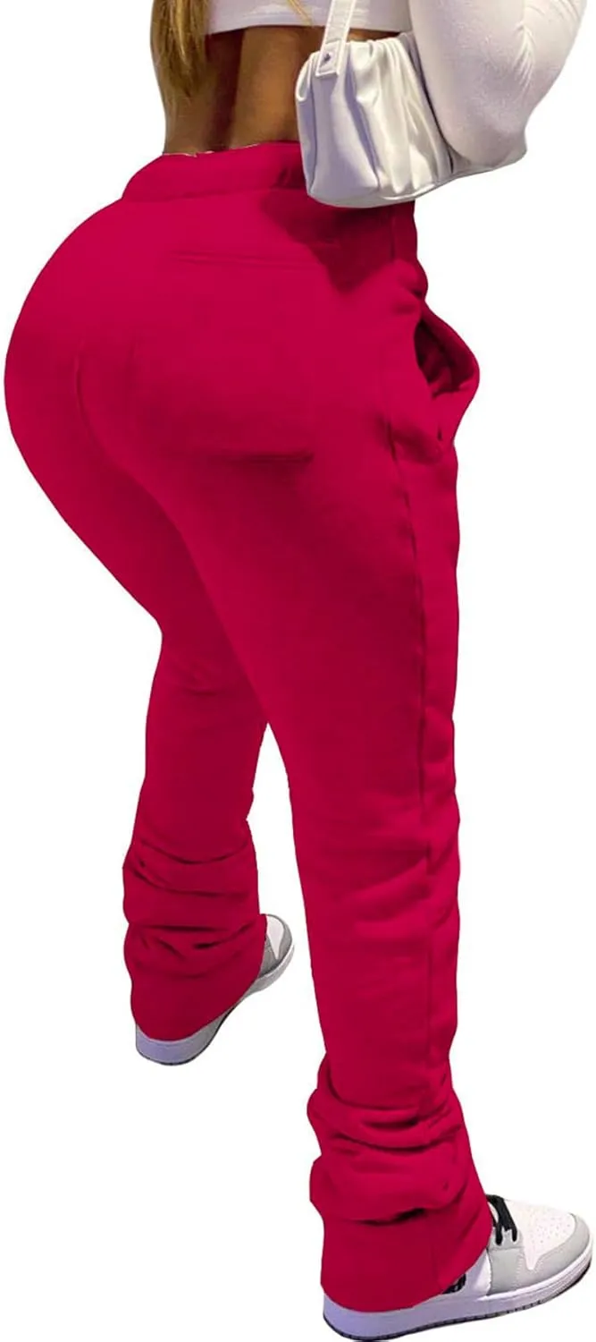 HuiSiFang Women Stacked Pants Fleece Sweatpants Thicked Warm Jogging Casual Ruched Workout Active Jogger Pants