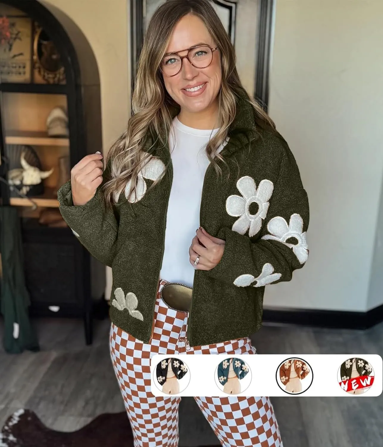 Maixang Womens Floral Print Sherpa Fleece Jackets Winter Zipper Cropped Coat Casual Long Sleeve Outwear with Pockets