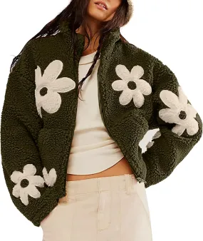 Maixang Womens Floral Print Sherpa Fleece Jackets Winter Zipper Cropped Coat Casual Long Sleeve Outwear with Pockets