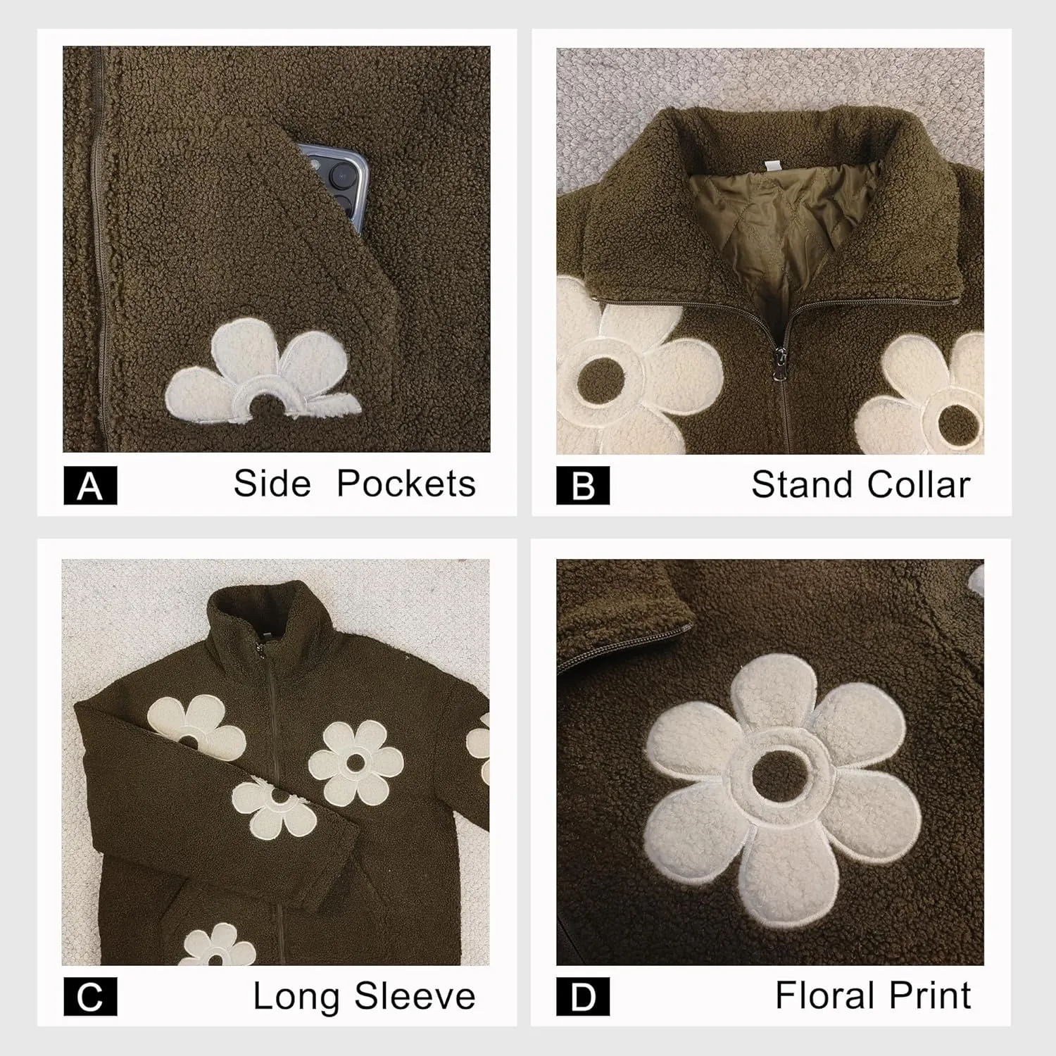 Maixang Womens Floral Print Sherpa Fleece Jackets Winter Zipper Cropped Coat Casual Long Sleeve Outwear with Pockets