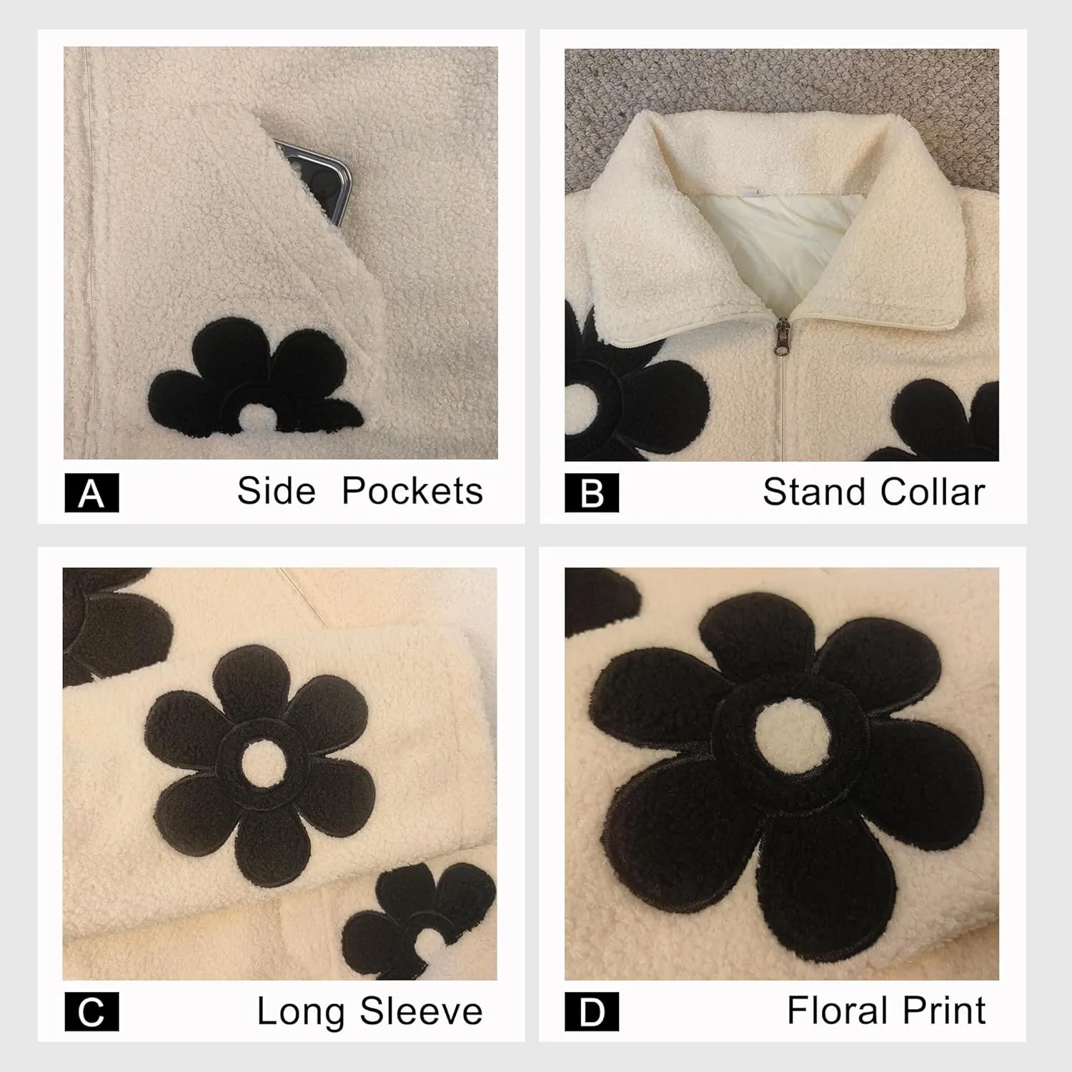 Maixang Womens Floral Print Sherpa Fleece Jackets Winter Zipper Cropped Coat Casual Long Sleeve Outwear with Pockets