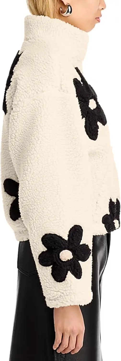 Maixang Womens Floral Print Sherpa Fleece Jackets Winter Zipper Cropped Coat Casual Long Sleeve Outwear with Pockets