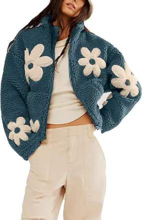 Maixang Womens Floral Print Sherpa Fleece Jackets Winter Zipper Cropped Coat Casual Long Sleeve Outwear with Pockets