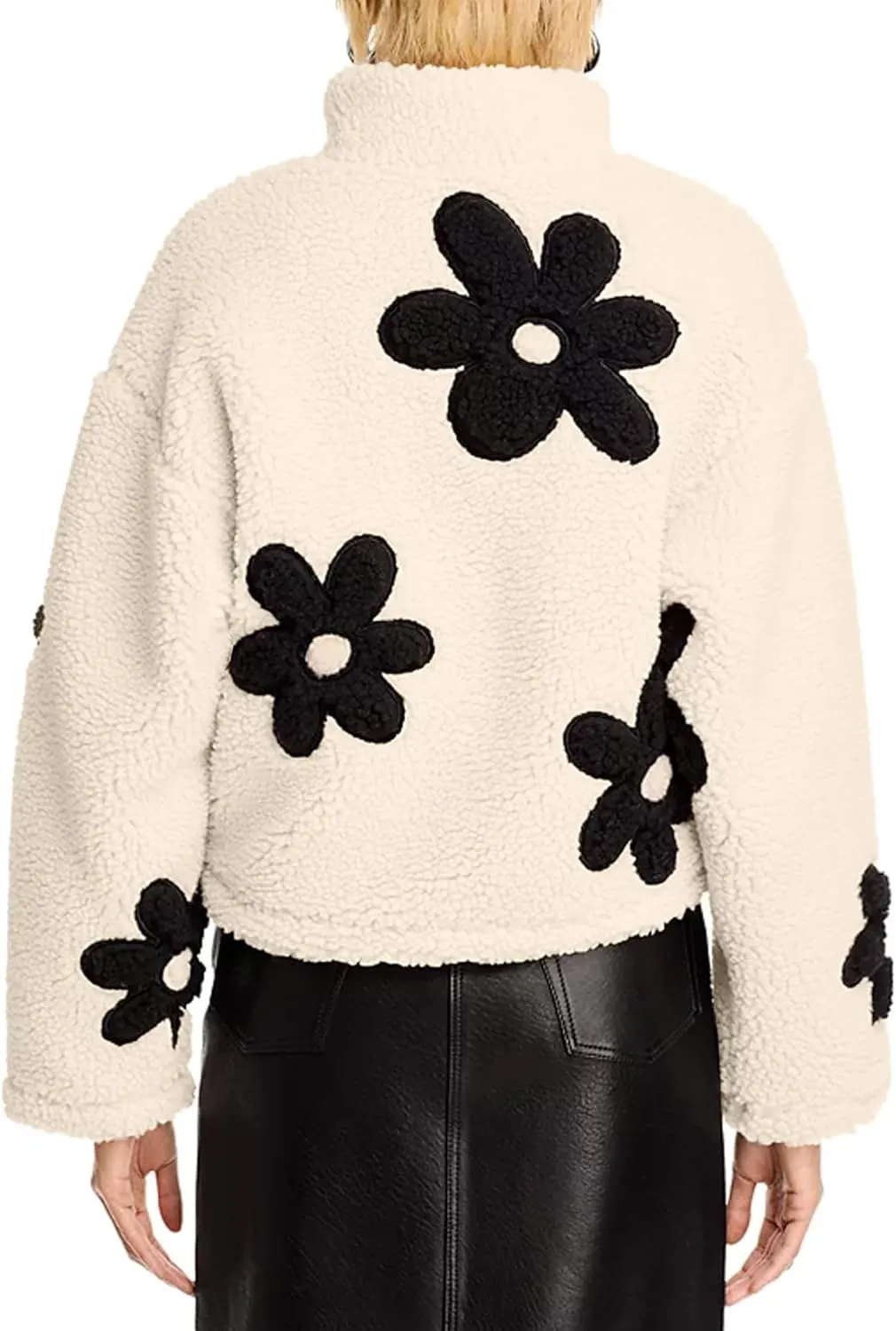 Maixang Womens Floral Print Sherpa Fleece Jackets Winter Zipper Cropped Coat Casual Long Sleeve Outwear with Pockets