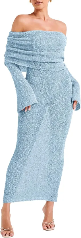 Off The Shoulder Maxi Dress Long Sleeve Beach Crochet Cover Up Summer Sexy Maxi Dresses S-2XL