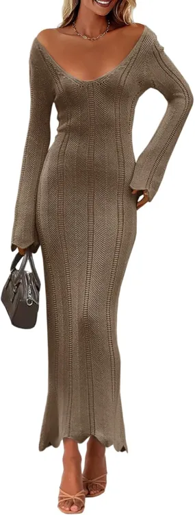Saodimallsu Womens Crochet Maxi Dress Bell Long Sleeve Sexy V Neck Bodycon Backless Knit Dresses Beach Swim Cover Up