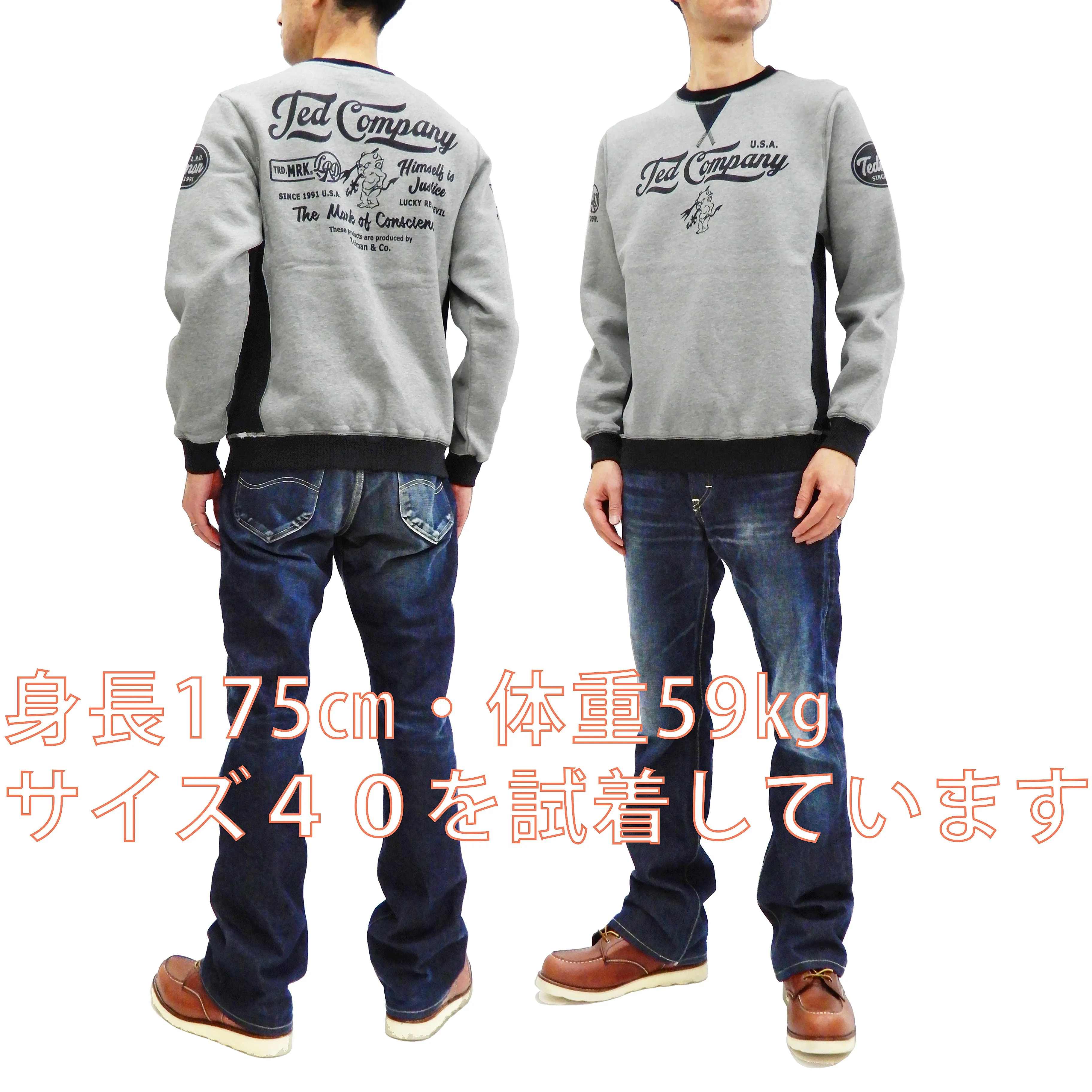 Tedman Men's Sweatshirt with Lucky Devil Graphic V-gusset Ribbed Sides TDSW-1170 Gray/Black