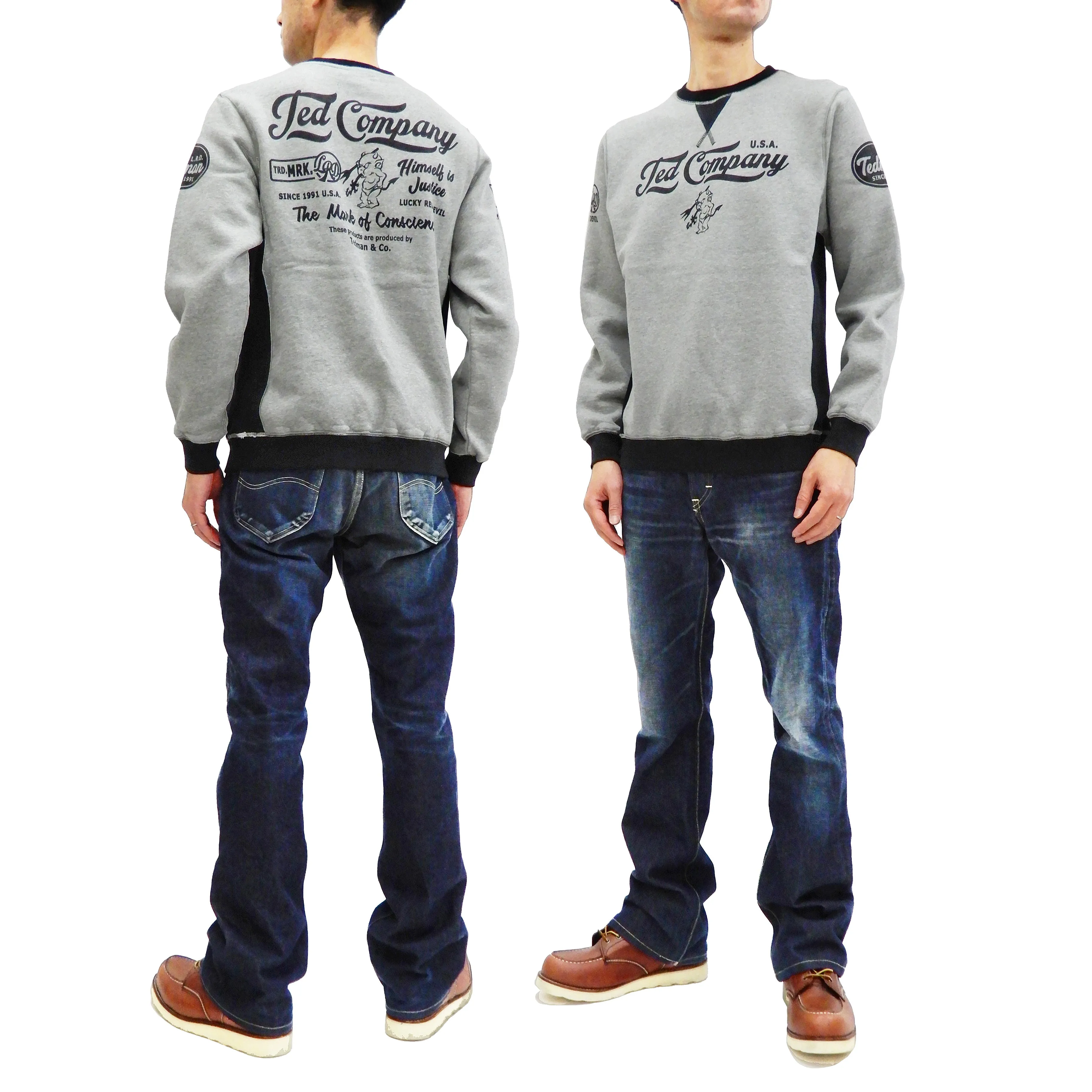 Tedman Men's Sweatshirt with Lucky Devil Graphic V-gusset Ribbed Sides TDSW-1170 Gray/Black