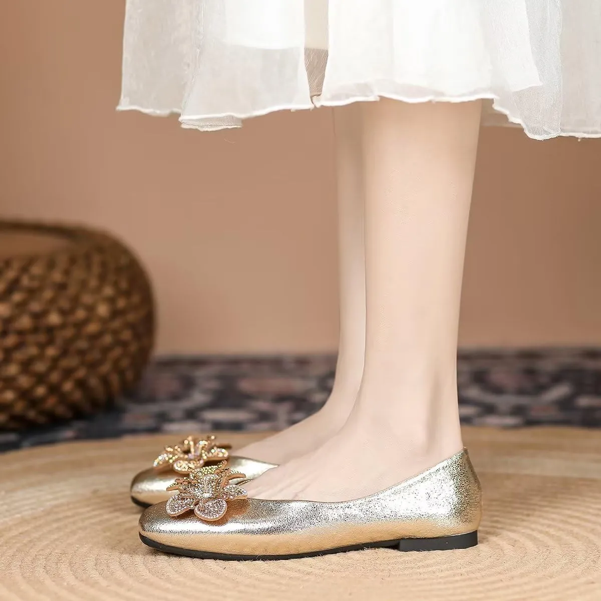 TN TANGNEST Women's Elegant Fold Soft Diamond Floral Ballets Flats Slip on Dress Flat Shoes