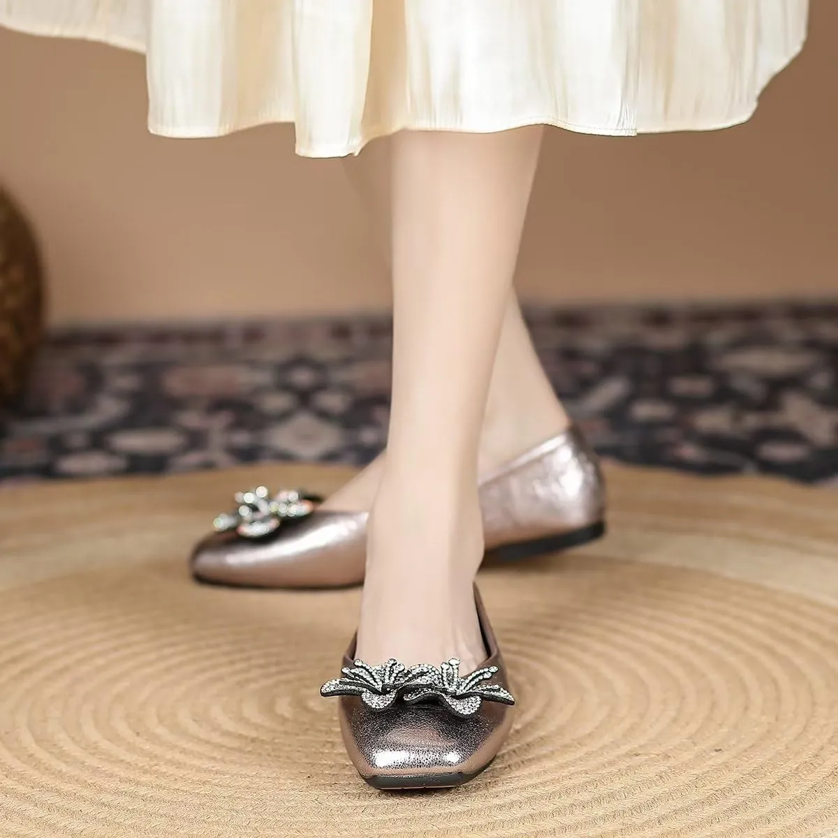 TN TANGNEST Women's Elegant Fold Soft Diamond Floral Ballets Flats Slip on Dress Flat Shoes