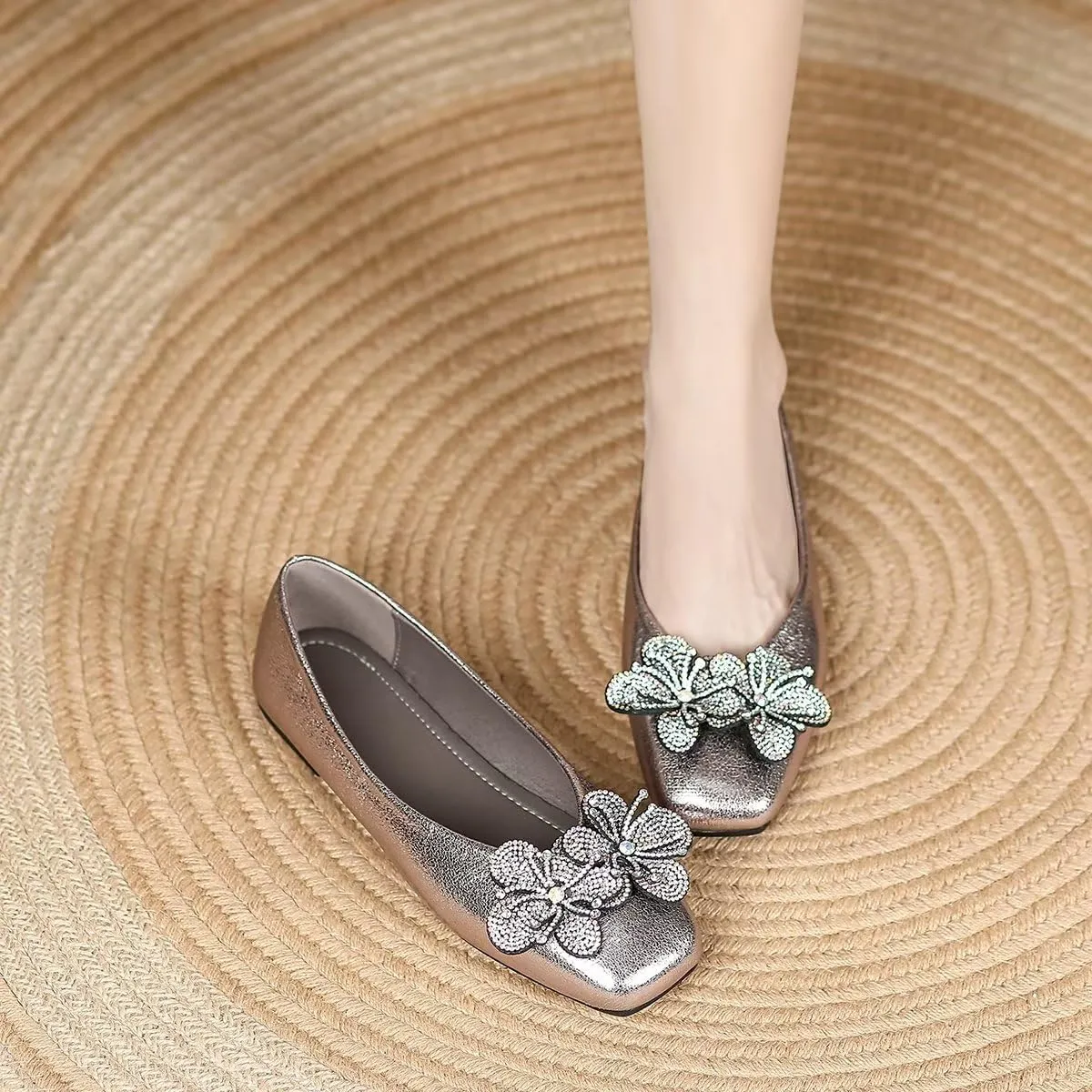 TN TANGNEST Women's Elegant Fold Soft Diamond Floral Ballets Flats Slip on Dress Flat Shoes