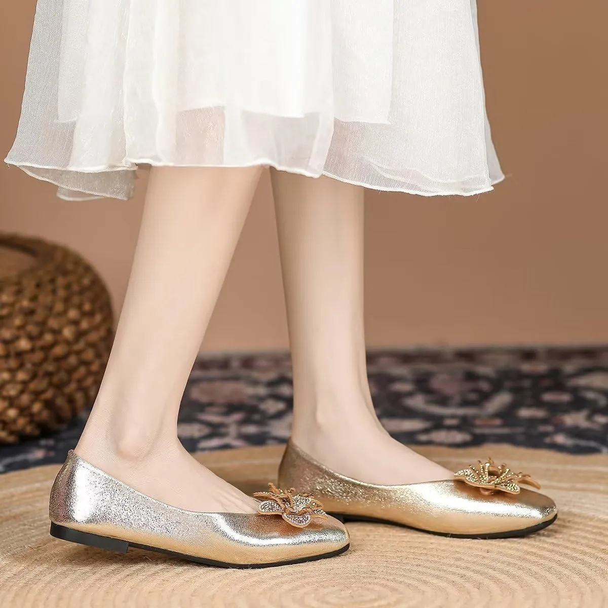 TN TANGNEST Women's Elegant Fold Soft Diamond Floral Ballets Flats Slip on Dress Flat Shoes