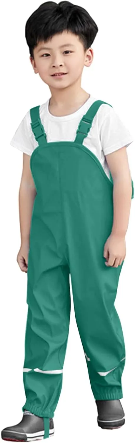 Toddler Boy Girl Rain Bib Coverall Solid Color Pants Reflective Strips Adjustable Shoulder Strap Mudproof