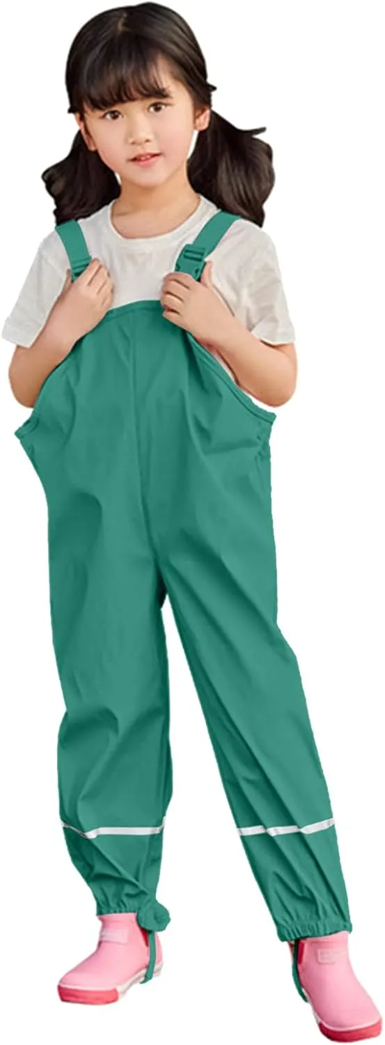 Toddler Boy Girl Rain Bib Coverall Solid Color Pants Reflective Strips Adjustable Shoulder Strap Mudproof