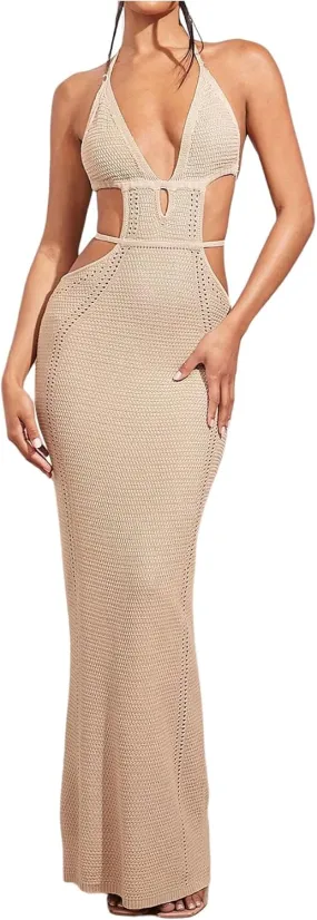 WDIRARA Women's Sexy Crochet Deep V Neck Halter Dresses Cut Out Backless Sleeveless Bodycon Maxi Dress