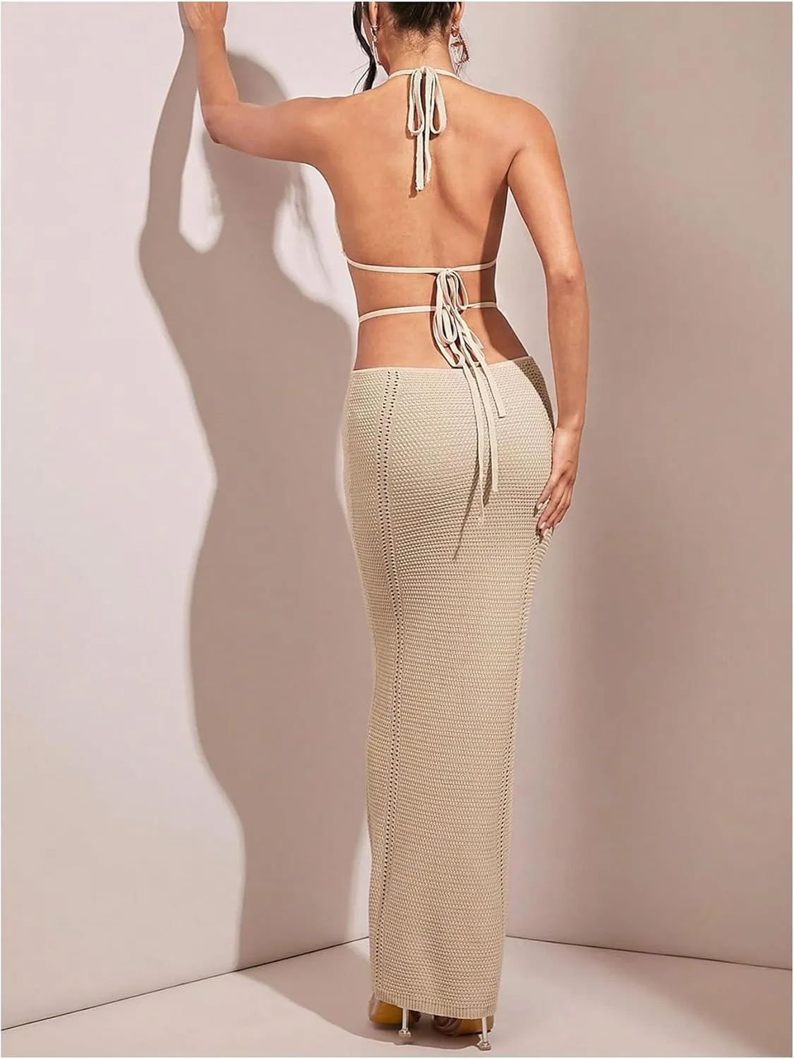 WDIRARA Women's Sexy Crochet Deep V Neck Halter Dresses Cut Out Backless Sleeveless Bodycon Maxi Dress