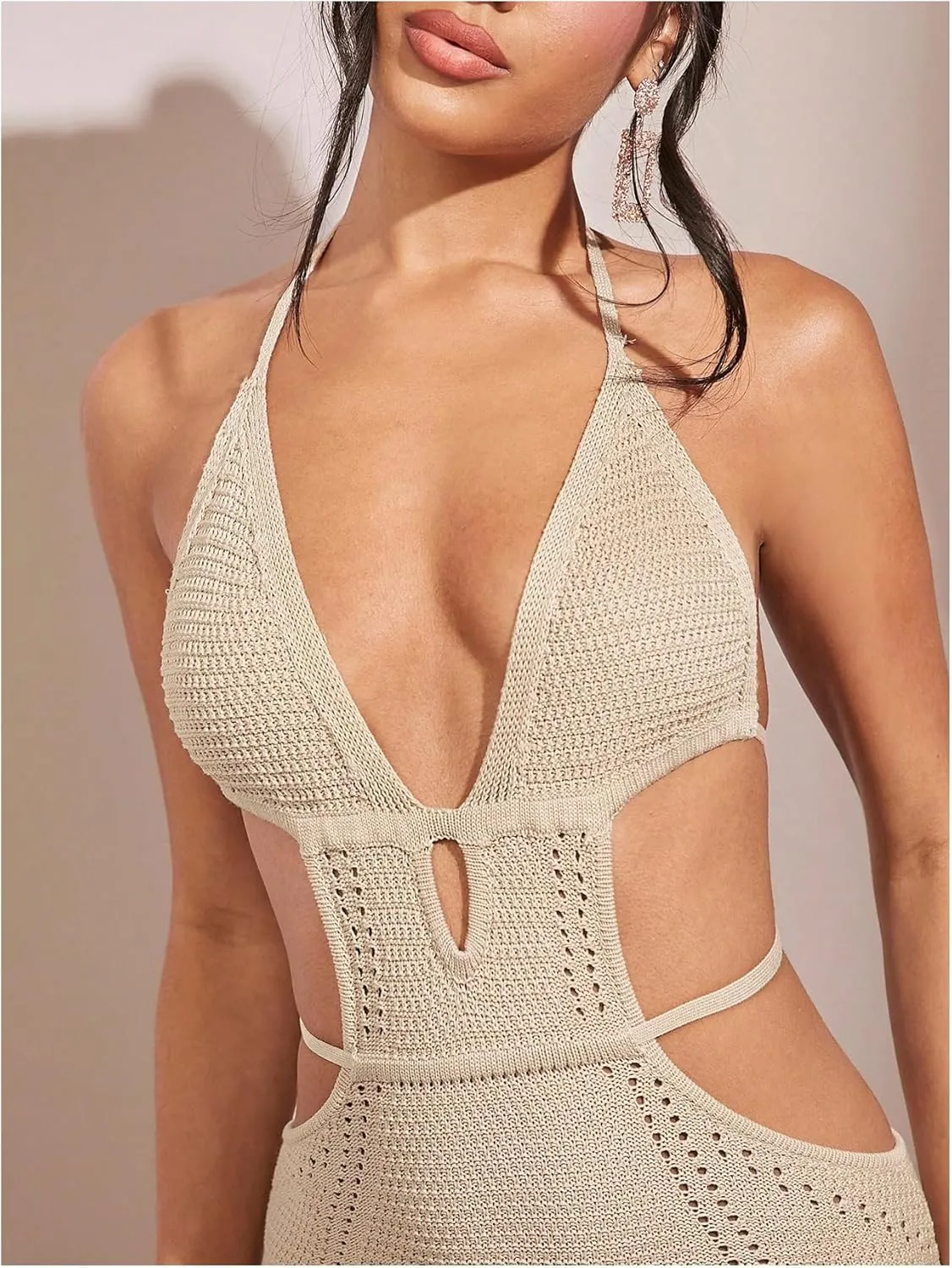 WDIRARA Women's Sexy Crochet Deep V Neck Halter Dresses Cut Out Backless Sleeveless Bodycon Maxi Dress