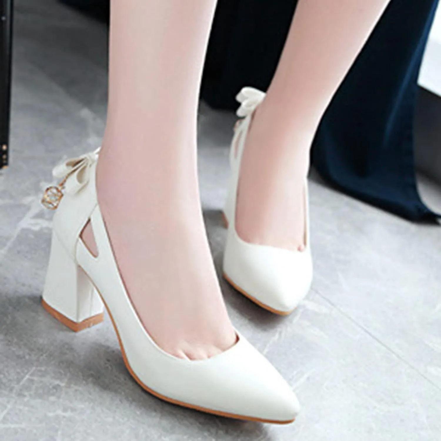 Women Fashion Pointed Toe Pumps Cutout Chunky High Heel Bowknot Elegant Slip On Office Dress Shoes