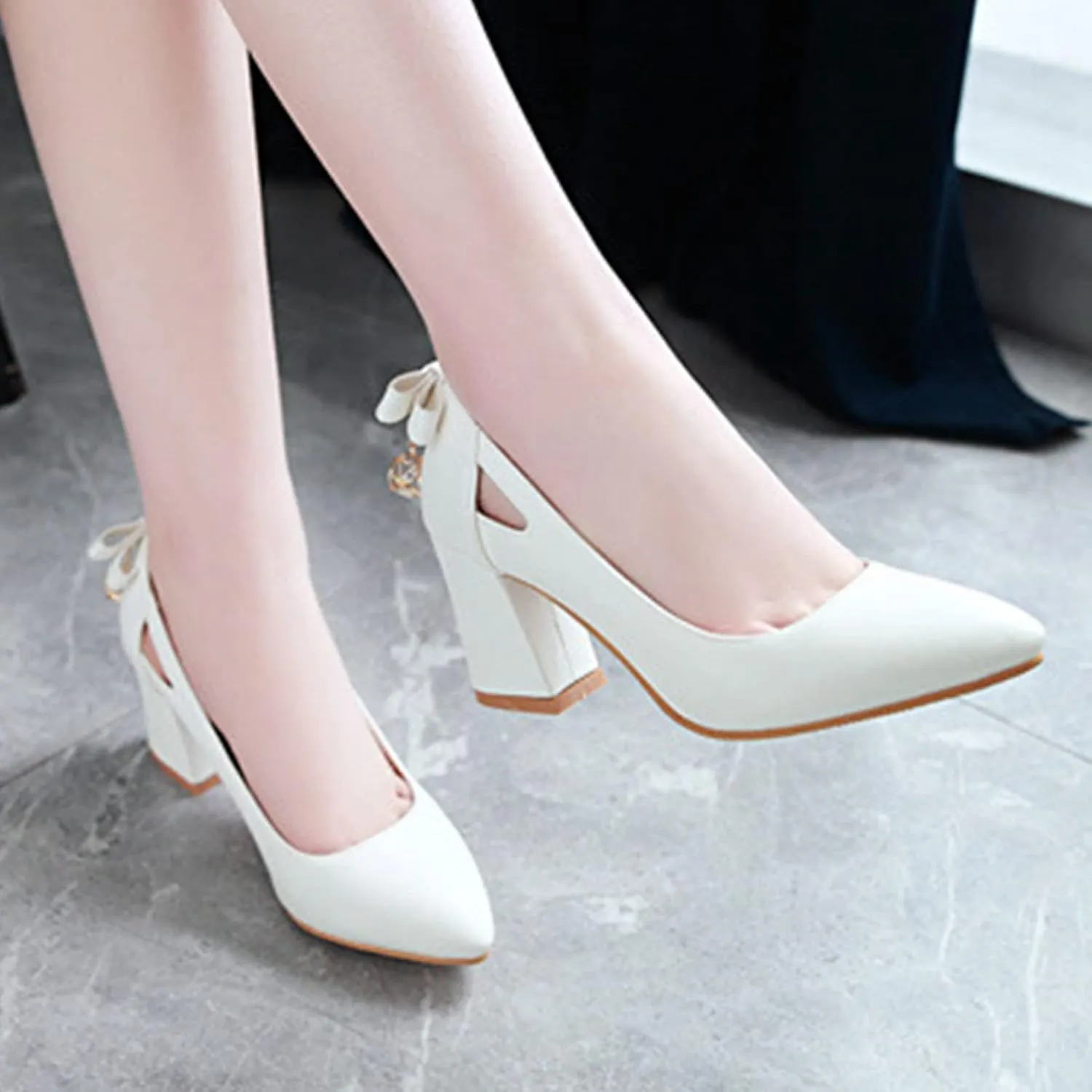 Women Fashion Pointed Toe Pumps Cutout Chunky High Heel Bowknot Elegant Slip On Office Dress Shoes