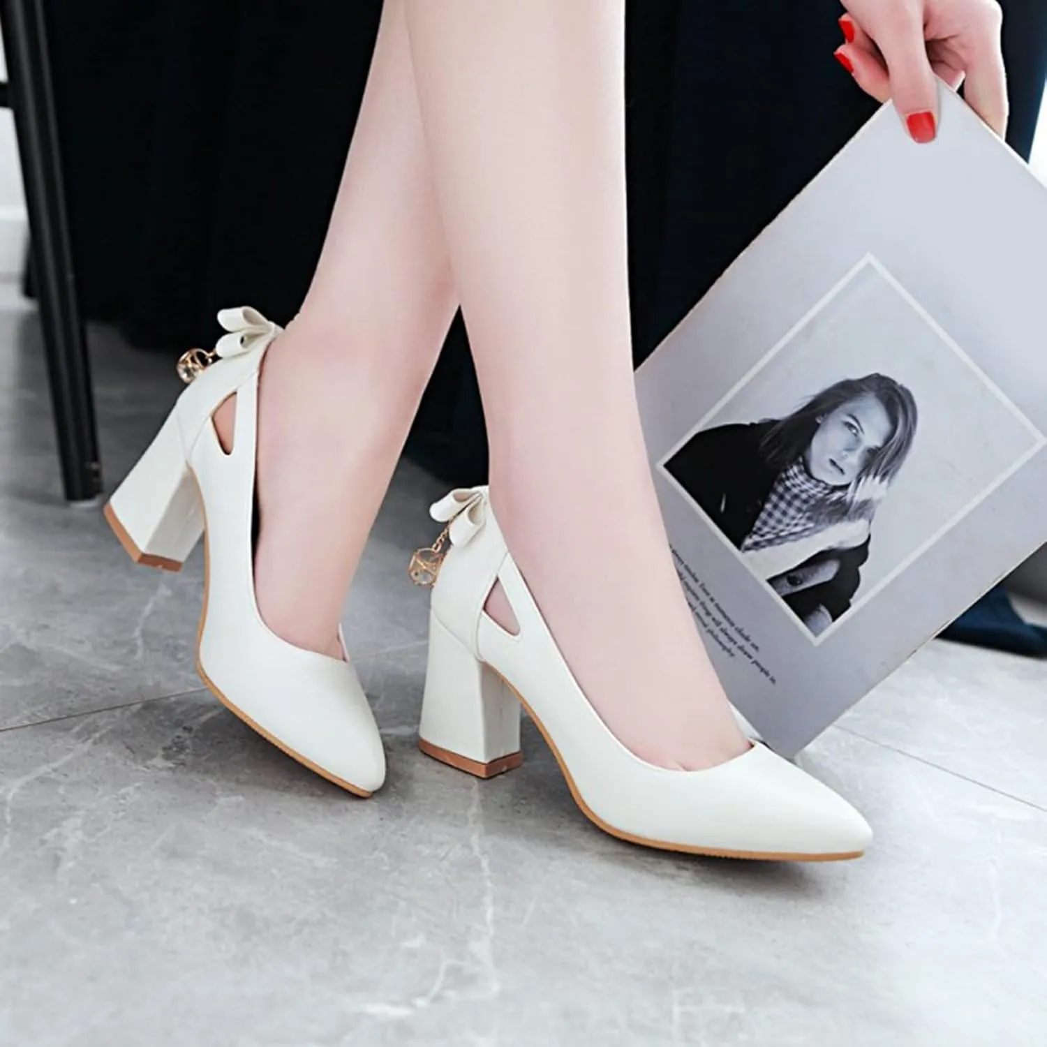 Women Fashion Pointed Toe Pumps Cutout Chunky High Heel Bowknot Elegant Slip On Office Dress Shoes