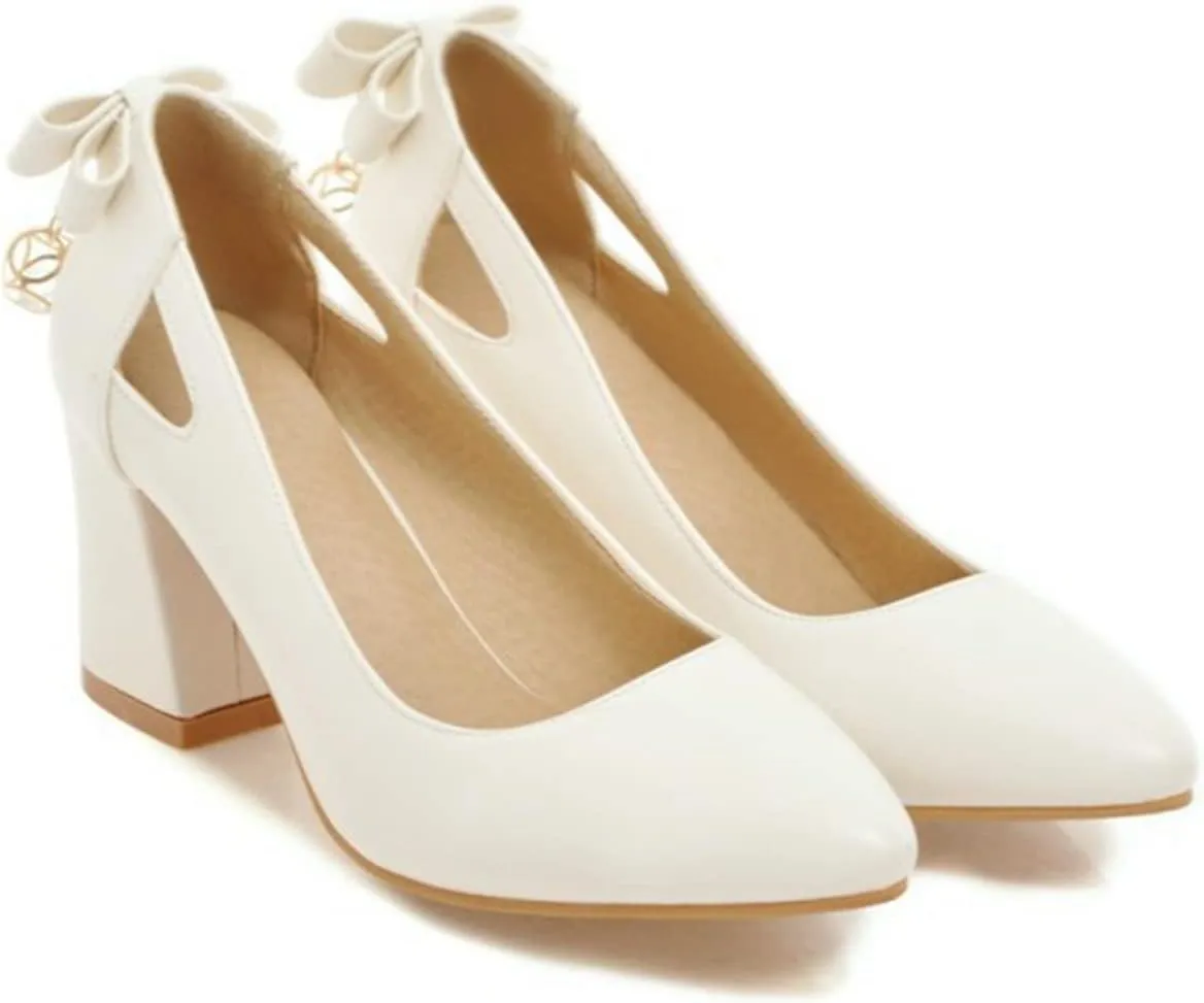 Women Fashion Pointed Toe Pumps Cutout Chunky High Heel Bowknot Elegant Slip On Office Dress Shoes