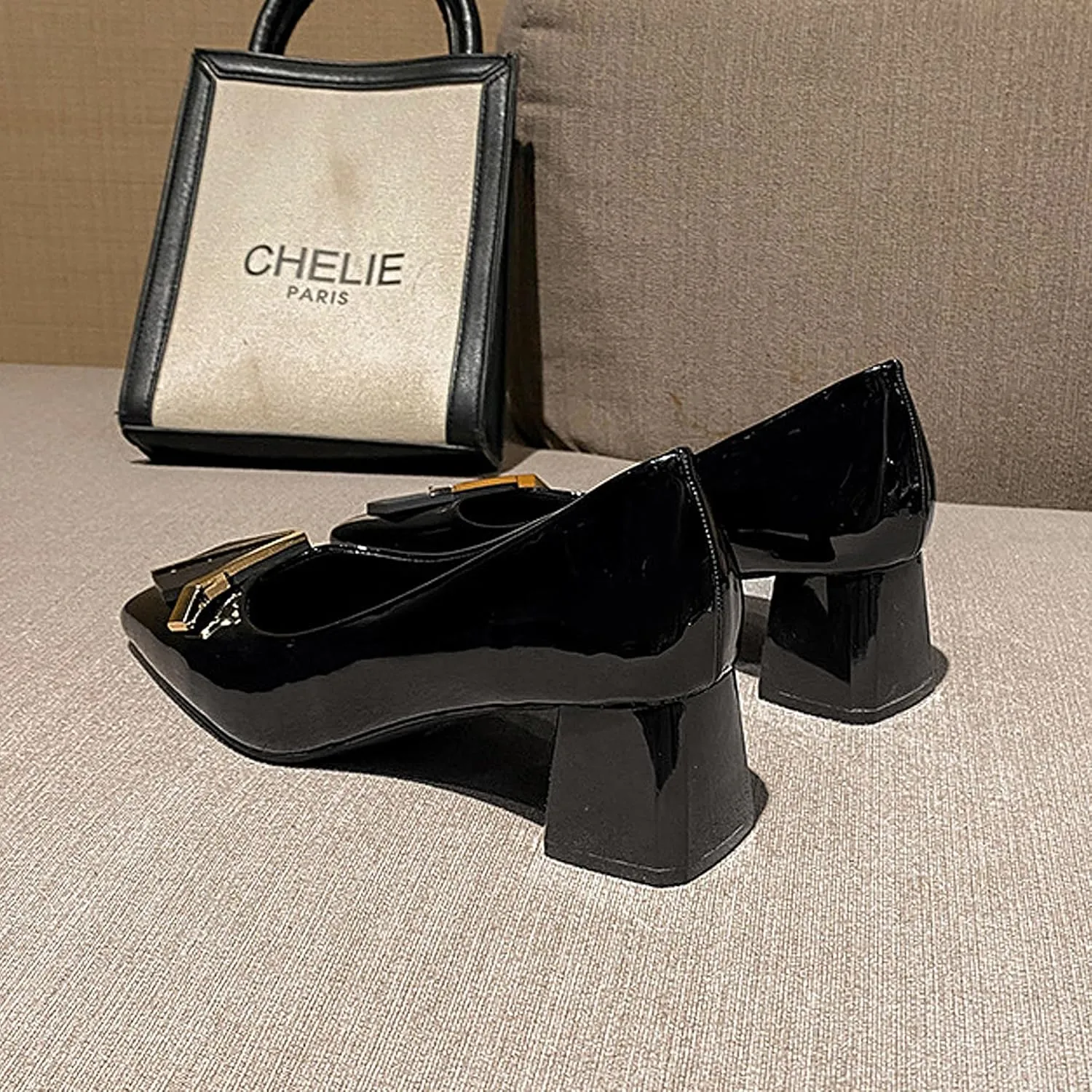 Women's Block Square Toe Solid Slip On Chunky High Heel Pumps Shoes Comfortable 1.97 Inch Single Shallow Mouth Heeled Office Clubbing Work Courts Party Wedding