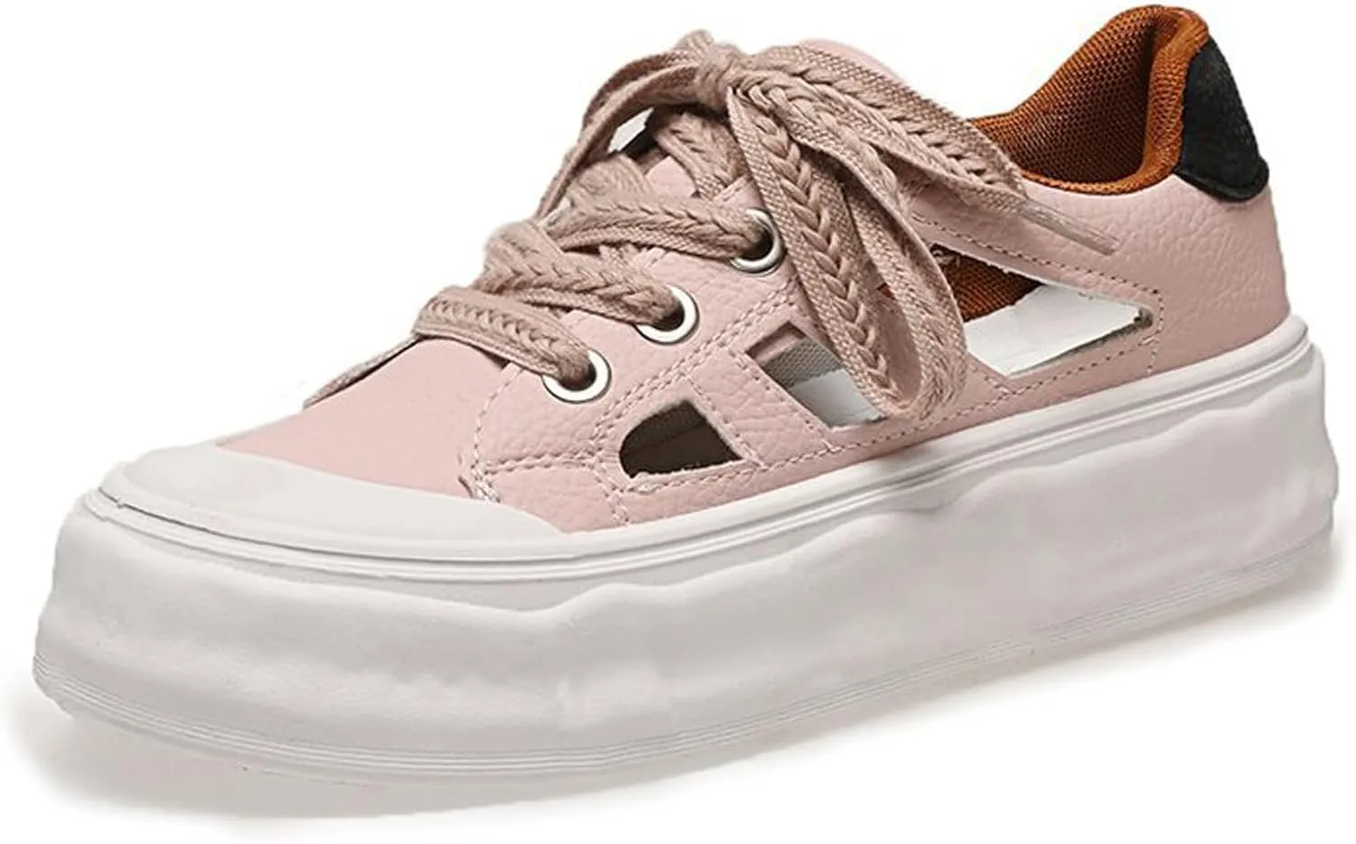 Women's Leather Hollow Platform Sneakers Comfortable Wide Round Toe Lace Up Non-Slip Walking Flat Shoes Casual Summer Low Top Tennis Sport Sandals