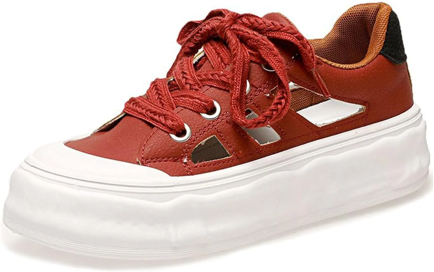 Women's Leather Hollow Platform Sneakers Comfortable Wide Round Toe Lace Up Non-Slip Walking Flat Shoes Casual Summer Low Top Tennis Sport Sandals