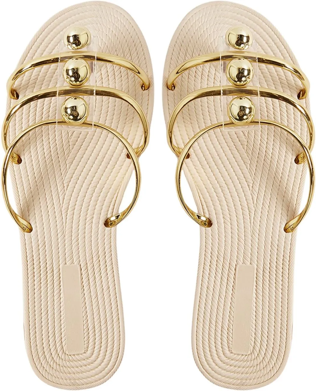 Women's Metallic Strappy Sandals Open Toe Dressy Flat Sandals Slip on Slide Sandals