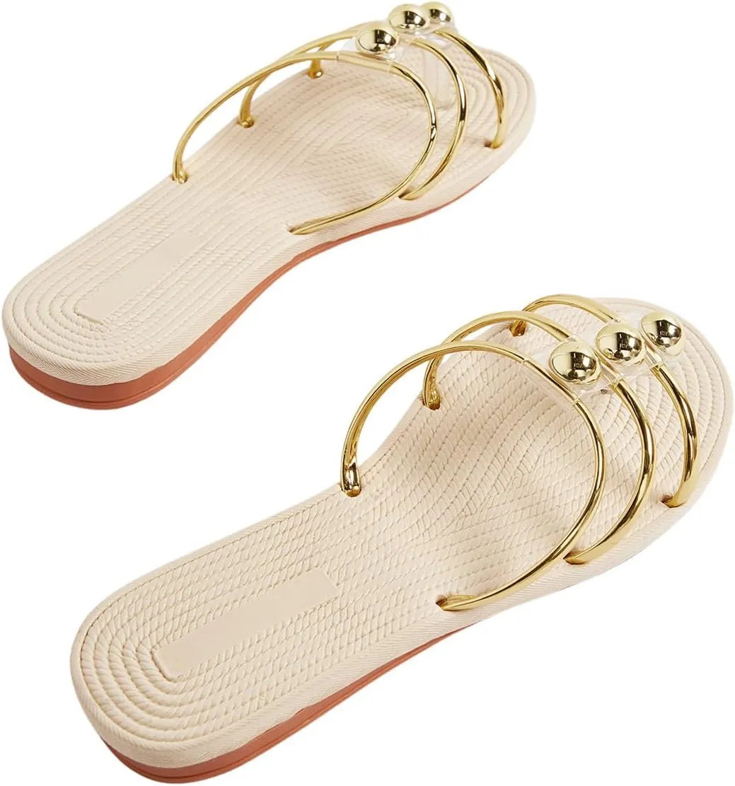 Women's Metallic Strappy Sandals Open Toe Dressy Flat Sandals Slip on Slide Sandals
