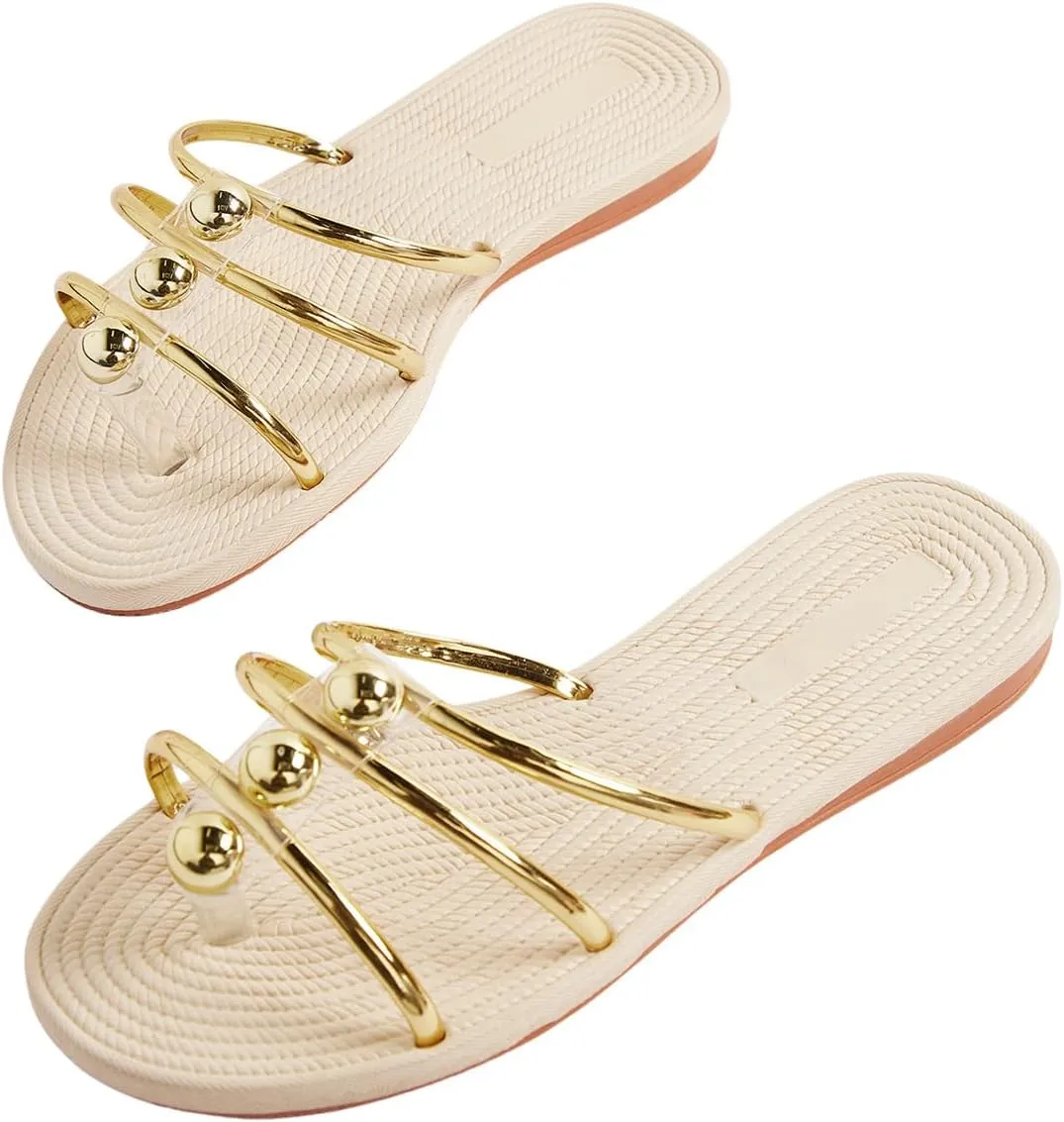 Women's Metallic Strappy Sandals Open Toe Dressy Flat Sandals Slip on Slide Sandals