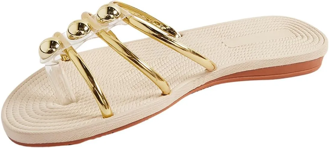 Women's Metallic Strappy Sandals Open Toe Dressy Flat Sandals Slip on Slide Sandals