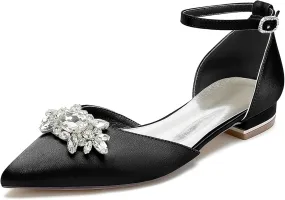 Women's Satin Ankle Strap Bridal Shoes Crystal Closed Pointed Toe Formal Prom Party Wedding Sandals Buckle Banquet Shoes