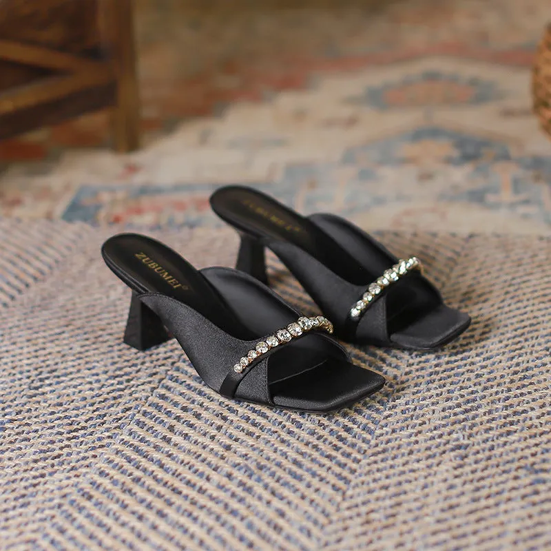 XIANGTUIBAO 33-3  Retro Women's Shoes Square Toe Open Toe High Heels Rhinestone Metal Hollow out Outerwear Strap Sandals